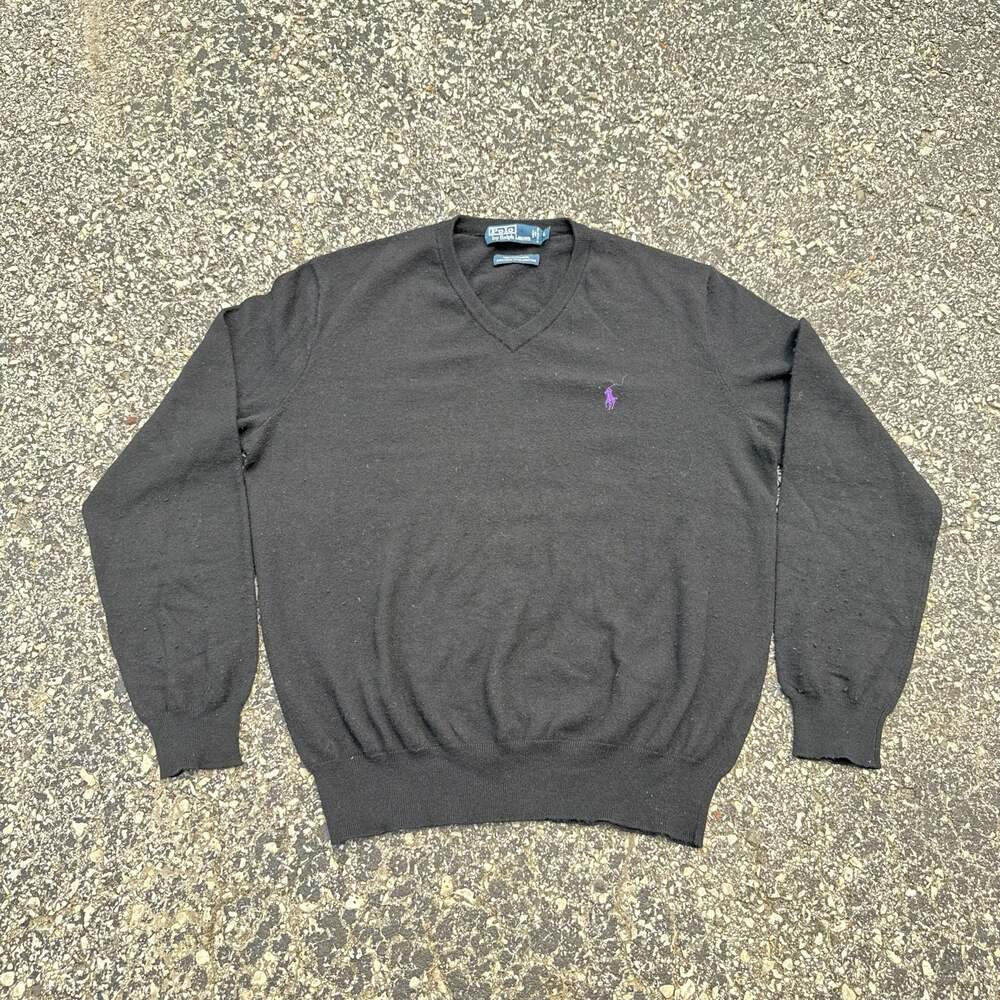 Polo by Ralph Lauren Men's Black 100% Merino Wool Sweater with Purple Pony